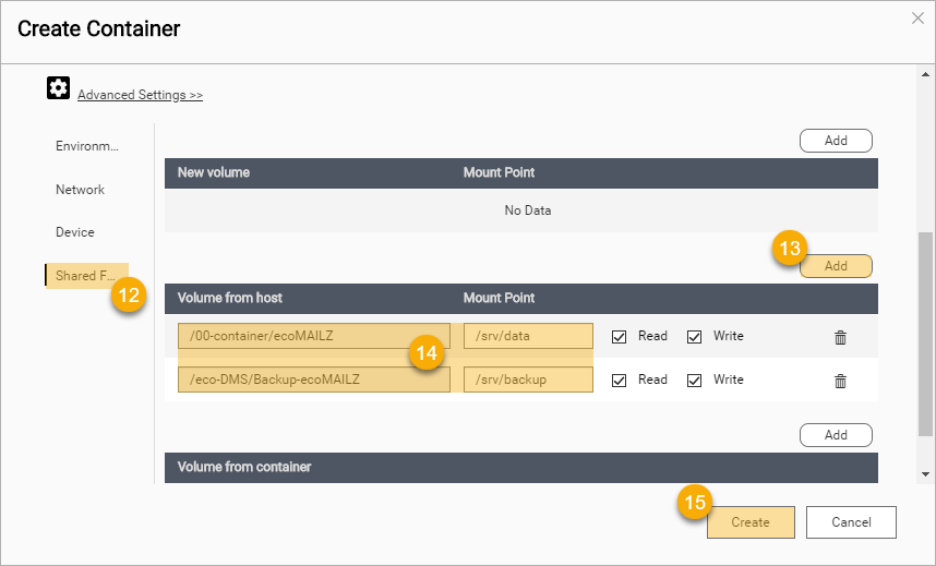 Konfiguration der Freigaben (Mountpfade) zum Docker Container
