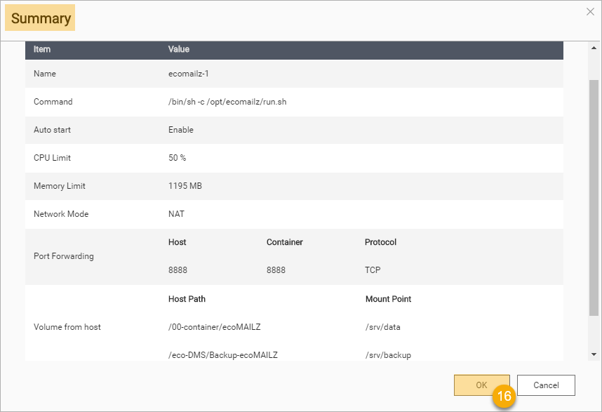 Zusammenfassung der Konfiguration des ecoMAILZ Docker Containers