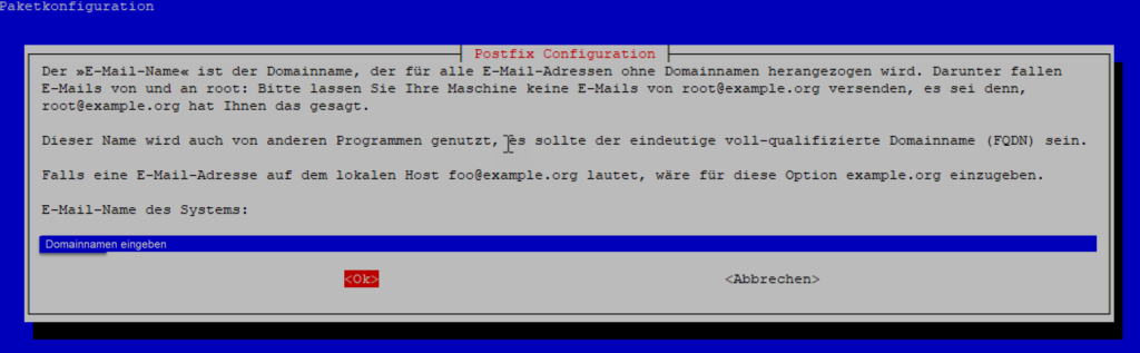 postfix Konfiguration Domainname