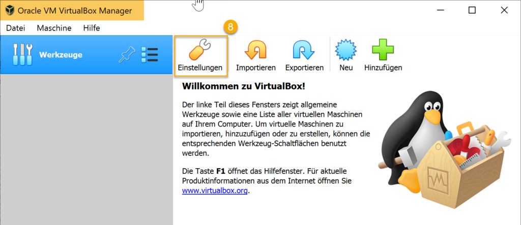 VirtualBox Willkommensseite
