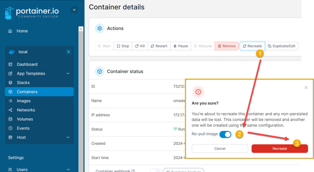 Recreate Docker Container in Portainer