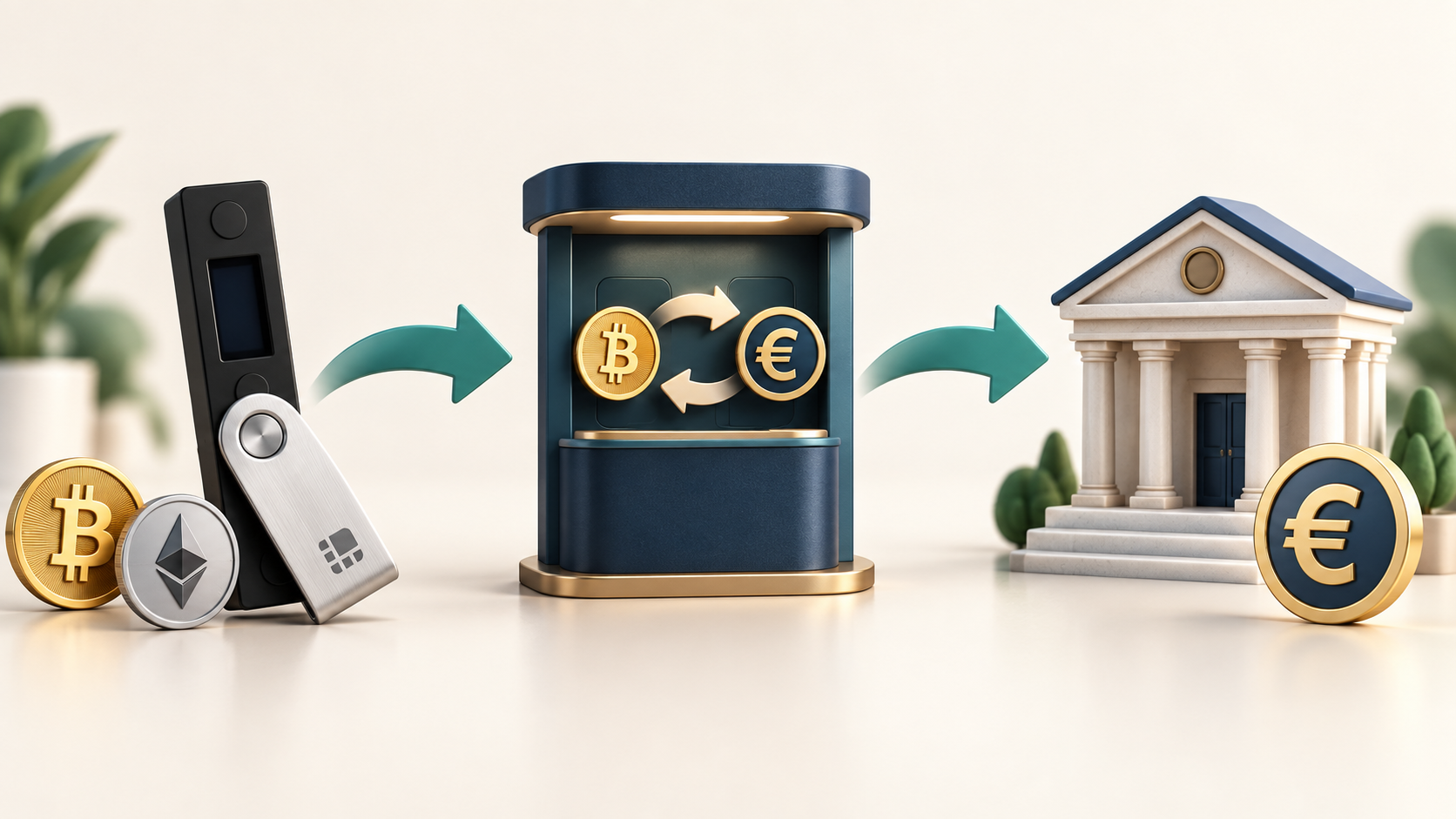 Symbolische Illustration: Vom Ledger über eine Kryptobörse zur Auszahlung von Euro auf das Bankkonto.